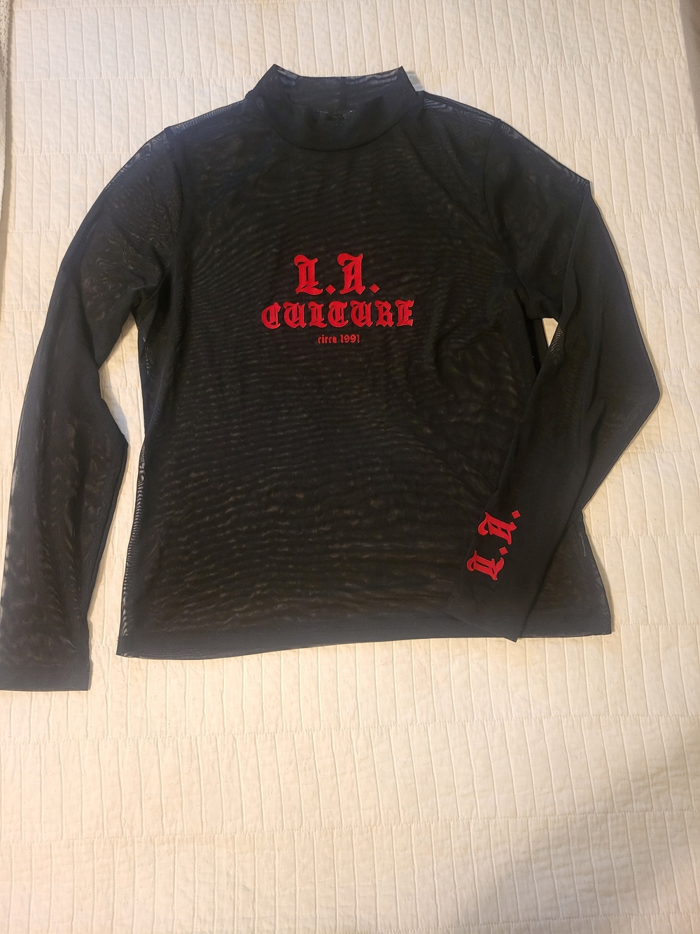 Forever 21 Black Sheer Mesh Long Sleeve Top with Red L.A. Graphic